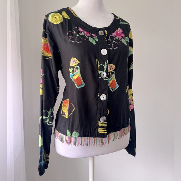 Vintage ‘90s Paradiso Tropical Print Beaded Fringe Hem Button Down Blouse - Picture 5 of 9